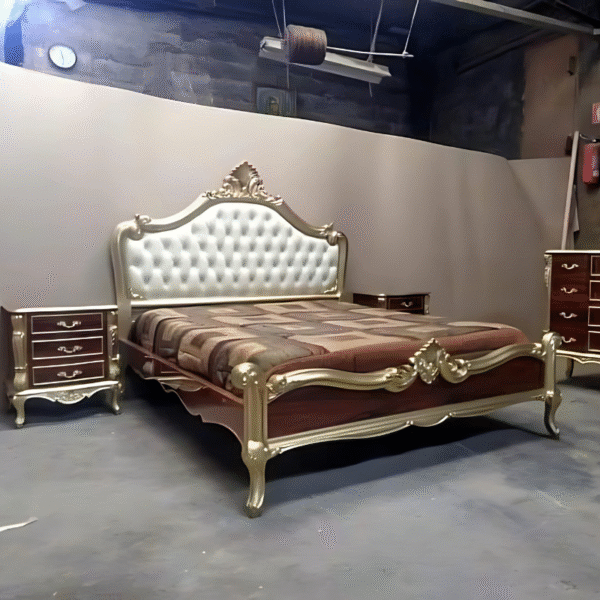 Vismaya Furniture Antique Cream Carved Royal Double Bed BD-003