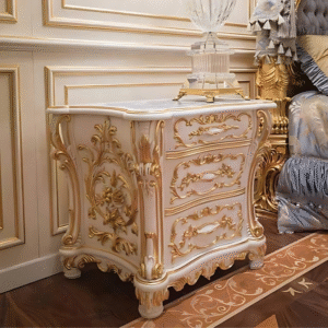 Vismaya Furniture White/Gold Wooden Royal Traditional Bed Side Table ST-001
