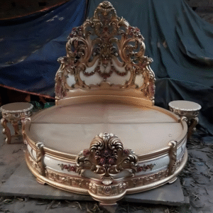 Vismaya Furniture Antique Round Gold Carved Royal Double Bed BD-016
