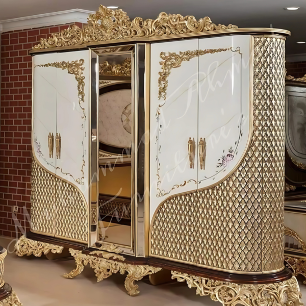 Vismaya Furniture Antique Light Gold/White Designer Wooden Wardrobe AL-011