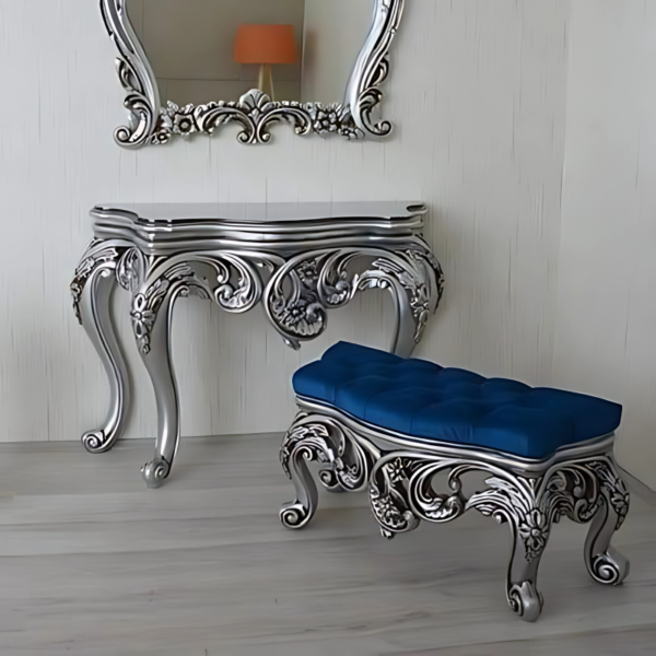Vismaya Furniture Antique Silver Luxury Hand Carved Console Table CON/TBL-014