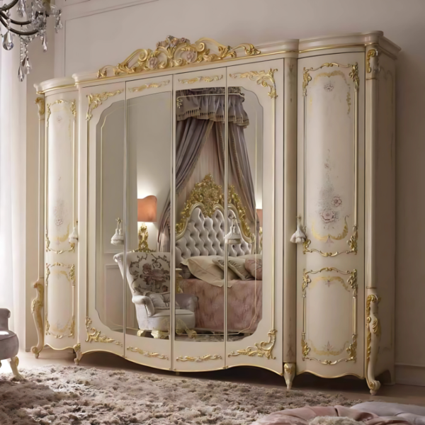 Vismaya Furniture Antique White/Gold Designer Wooden Wardrobe AL-017