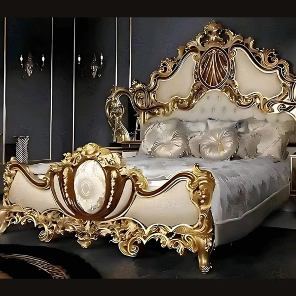 Vismaya Furniture Antique Gold/Cream Carved Royal Double Bed BD-018