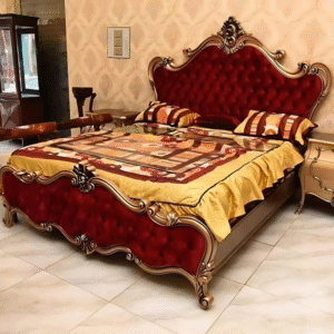 Vismaya Furniture Antique Gold/Red Carved Royal Double Bed BD-012