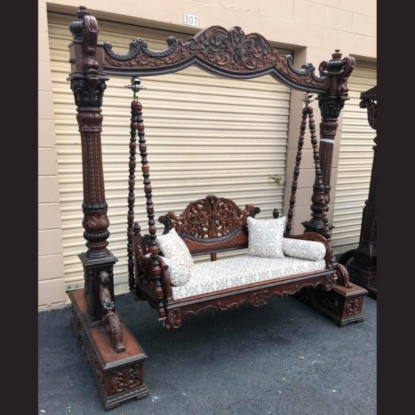Vismaya Furniture Handcrafted Dark Black Brownish Wooden Indian Swing for Indoor HS-007