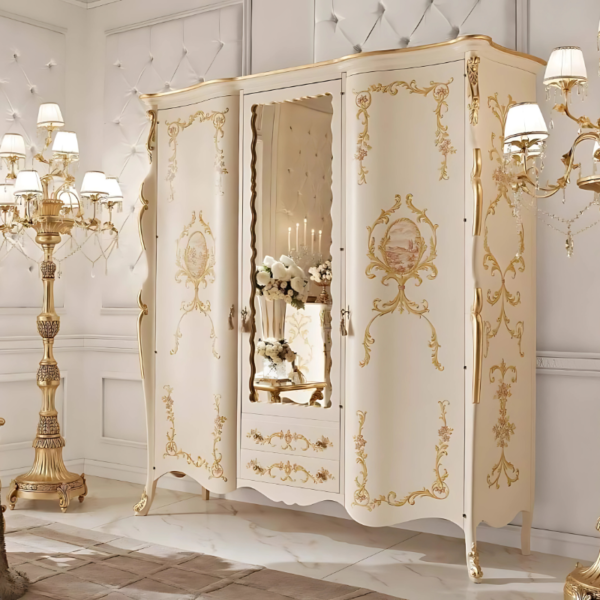 Vismaya Furniture Antique White/Gold Designer Wooden Wardrobe AL-008