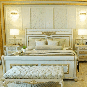 Vismaya Furniture Antique White/Gold Carved Royal Double Bed BD-015