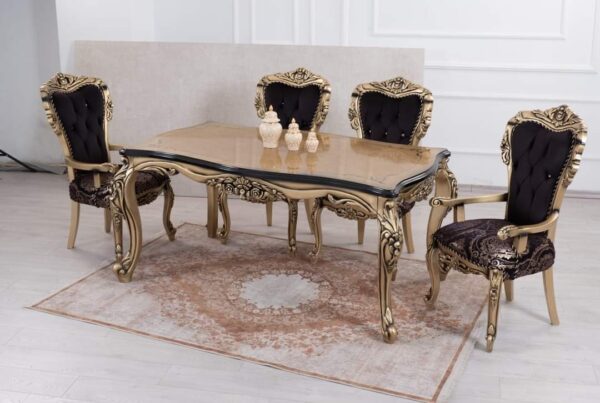 Vismaya Furniture Antique Gold/Black Hand Carved Dining Set DIN/TBL-011 - Image 4