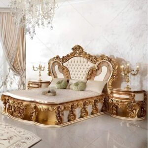Vismaya Furniture Antique Cream/Gold Carved Royal Double Bed BD-004