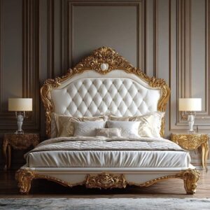 Vismaya Furniture Antique White/Gold Carved Royal Double Bed BD-005
