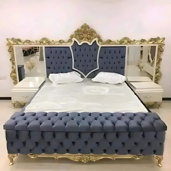 Vismaya Furniture Antique Gold/Blue Carved Royal Double Bed BD-006