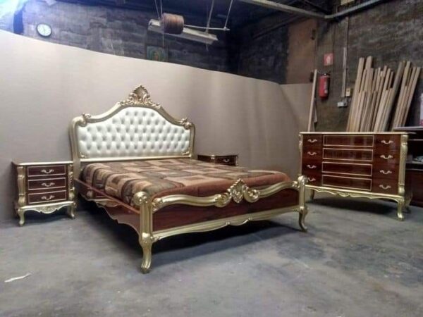 Vismaya Furniture Antique Cream Carved Royal Double Bed BD-003 - Image 2