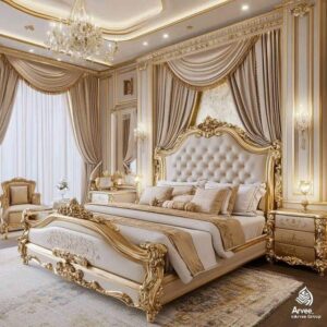Vismaya Furniture Antique Gold/White Carved Royal Double Bed BD-007