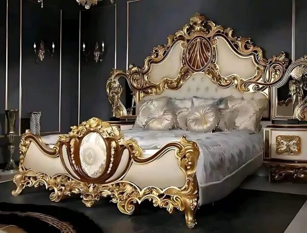 Vismaya Furniture Antique Gold/Cream Carved Royal Double Bed BD-018 - Image 2