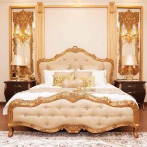 Vismaya Furniture Antique Cream/Gold Carved Royal Double Bed BD-014