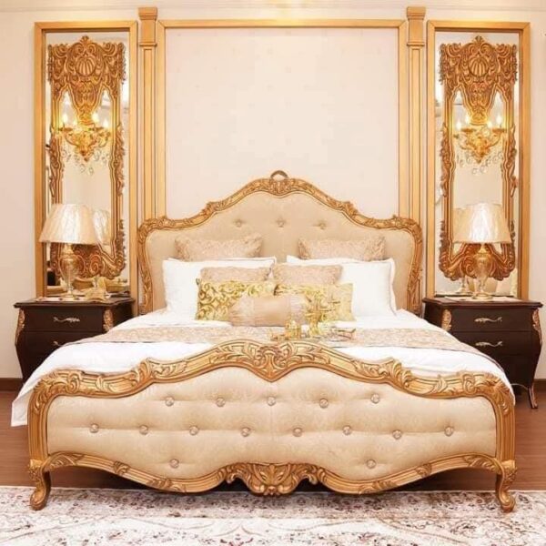 Vismaya Furniture Antique Cream/Gold Carved Royal Double Bed BD-014