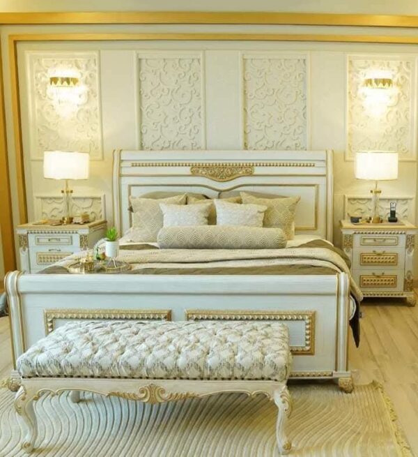 Vismaya Furniture Antique White/Gold Carved Royal Double Bed BD-015 - Image 2