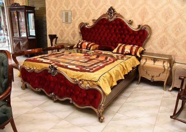 Vismaya Furniture Antique Gold/Red Carved Royal Double Bed BD-012 - Image 2