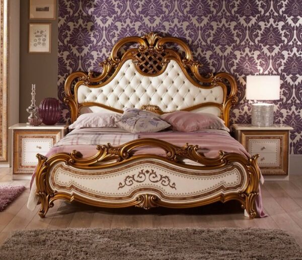 Vismaya Furniture Antique Gold/Cream Carved Royal Double Bed BD-019 - Image 2