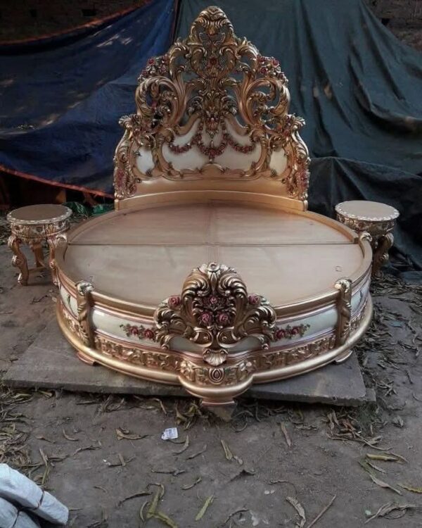 Vismaya Furniture Antique Round Gold Carved Royal Double Bed BD-016 - Image 2