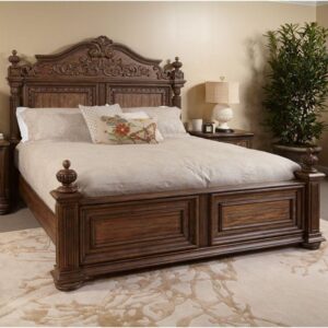 Vismaya Furniture Antique Brown Carved Royal Double Bed BD-002