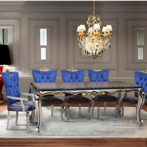 Vismaya Furniture Antique Blue/Silver Hand Carved Dining Set DIN/TBL-012