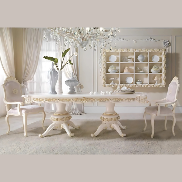 Vismaya Furniture Antique Pure White Hand Carved Dining Set DIN/TBL-005
