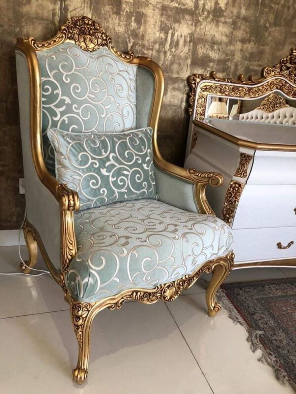 Vismaya Furniture Premium Sea-Green/Gold Wood Royal Carved Chair KC-011 - Image 2